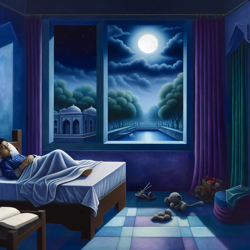 Een kind dat vredig slaapt in een gezellige slaapkamer met blauwe en paarse tinten, omringd door knuffeldieren en een zacht nachtlampje.