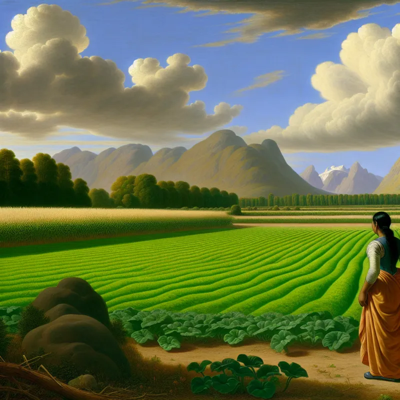 Een persoon staat contemplatief voor een levendig groen veld onder een dramatische lucht, met bergen op de achtergrond die wijzen op grotere ambities.