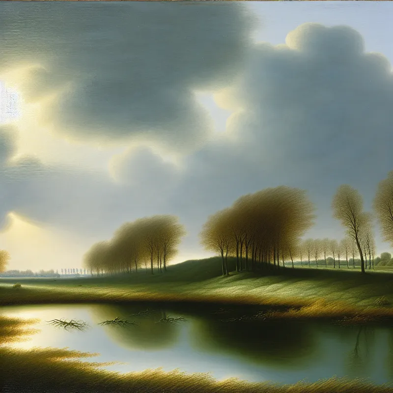 Een serene landschapsweergave van een kalme scène na de storm, met zachte rimpelingen op een vijver en bomen die in de wind bewegen.
