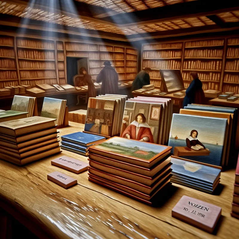 Charmante boekwinkel met een prachtige, rustieke uitstraling en stapels boeken in gedempte kleuren op een houten tafel
