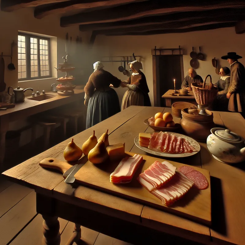 Rustieke keuken met een charcuterieplank en een gezin van drie dat een gesprek voert over dialectverschillen.