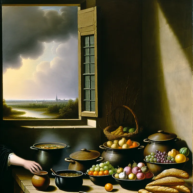 Rustieke keuken met een lange houten tafel vol met potten met heerlijke lekkernijen zoals soep en versgebakken brood.