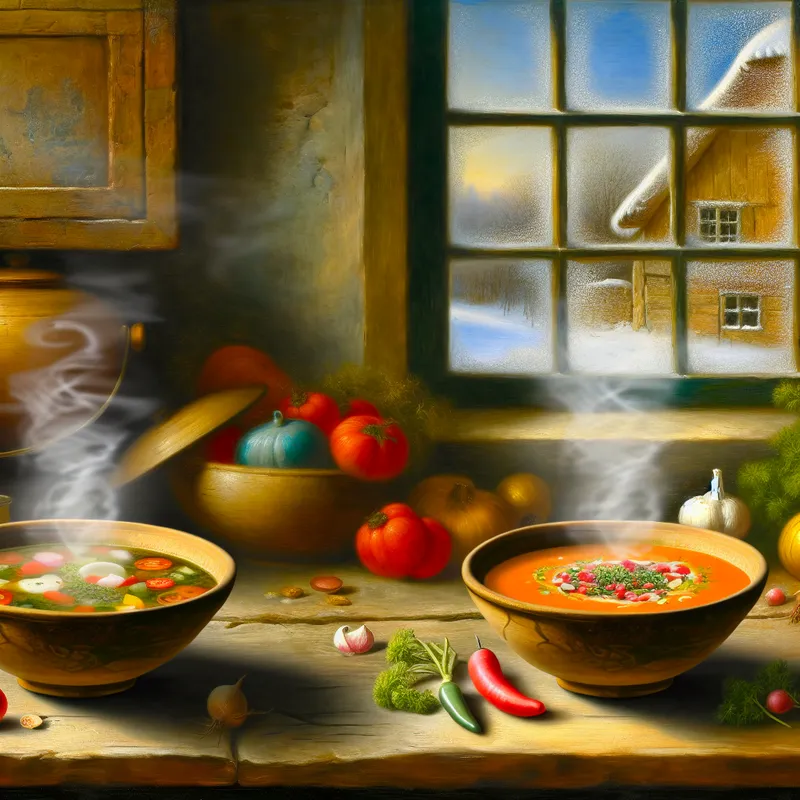Een rustieke keuken met een houten tafel waarop een warme groentesoep en een koud gazpacho liggen, omringd door verscheidenheid aan groenten.