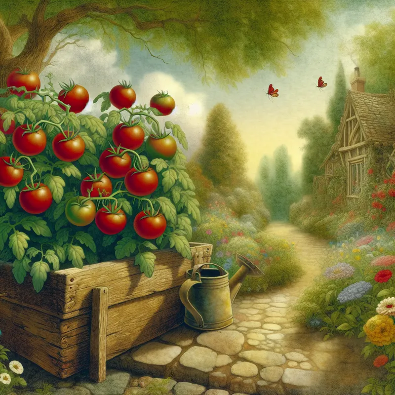 Rustieke plantenbak gevuld met kleurrijke tomatenplanten in een betoverende tuin, met een cottage op de achtergrond