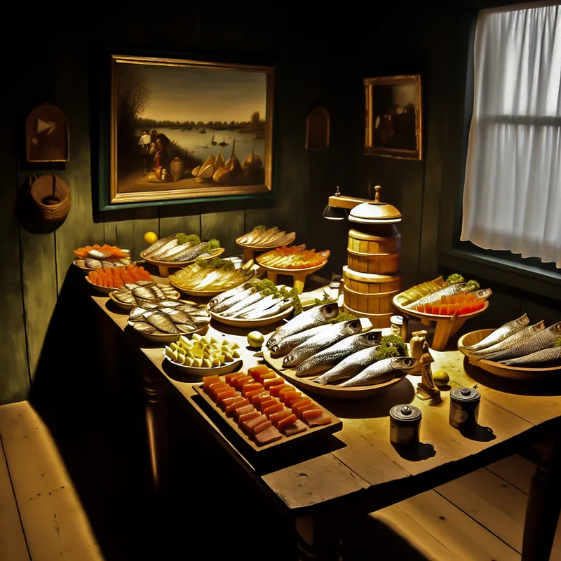 Stijlvolle gedekte tafel in een rustieke keuken met diverse gezouten visspecialiteiten op schalen.