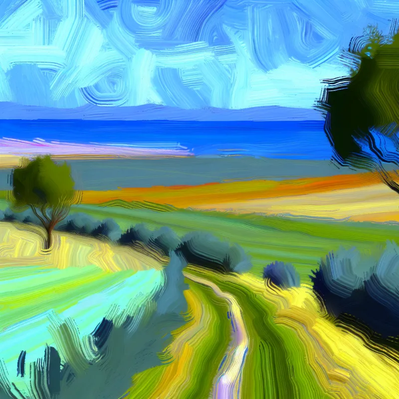 Abstract expressionistische schilderij van een serene buitenomgeving met een kronkelig pad en weelderige groene omgeving.