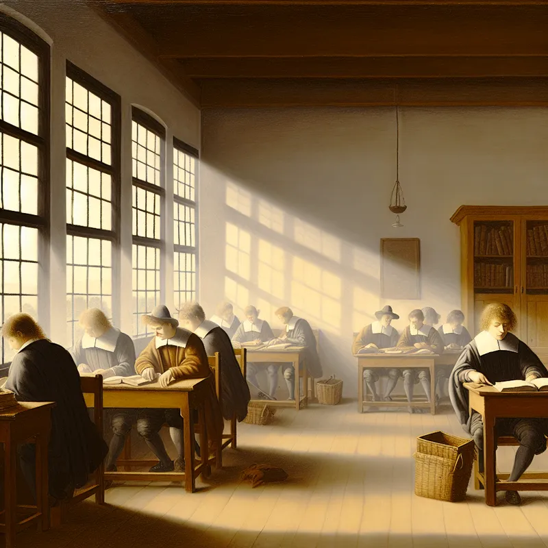 Klaslokaal met studenten die betrokken in gesprek zijn, verlicht door zonlicht door zachte ramen.