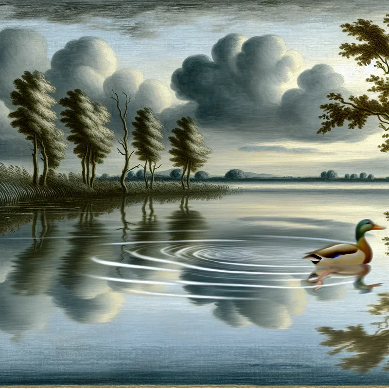 Een rustige schilderachtige landschapsweergave van een eend die over een kalm, reflecterend meer glijdt.