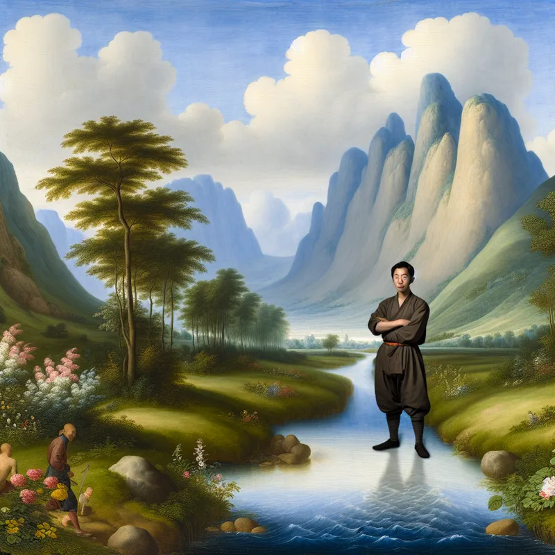 Landschapsbeeld met een rustige rivier, een alleenstaande figuur en indrukwekkende bergen onder een blauwe lucht en witte wolken.