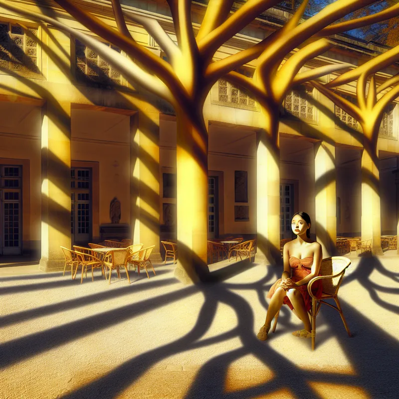 Vrouw geniet in stilte van een rustig moment op een zonnig caféterras omringd door geometrische bomen en klassieke architectuur