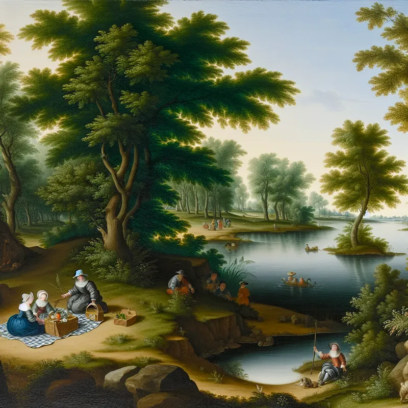 Een serene lakeside scène met een klein, rustig strandje omringd door weelderig groen, waar mensen genieten van een picknick.