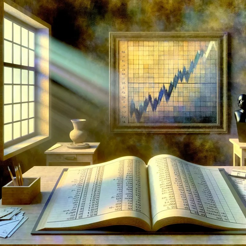 Binnenkamer geïnspireerd door Johannes Vermeer met een tafel, financiële krant en een persoon die naar buiten kijkt.