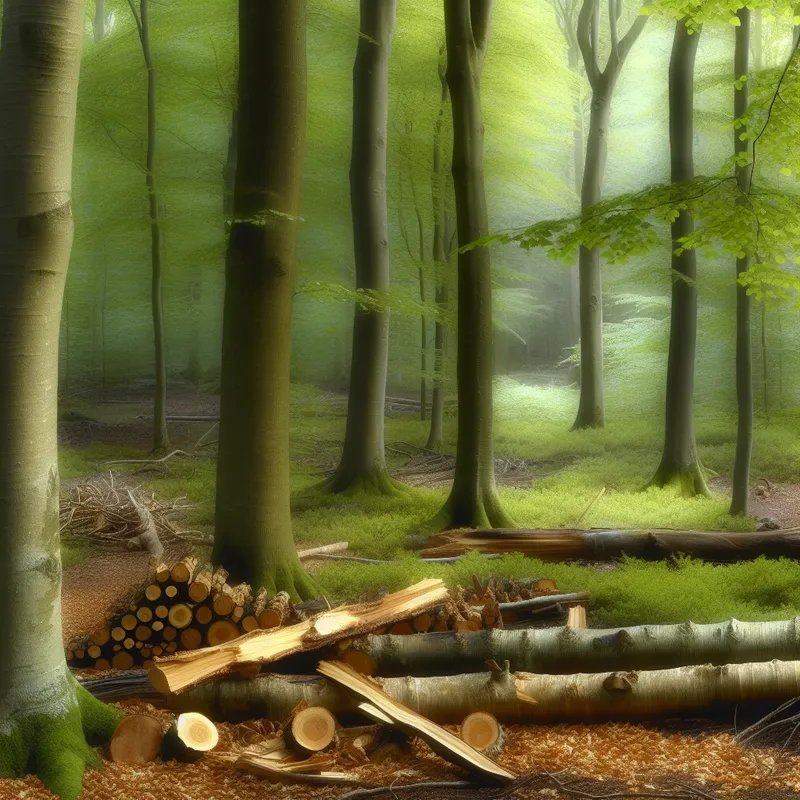 Rustige bosomgeving met boomstammen en takken, zacht licht doorbladerend met een mist rondom de bomen