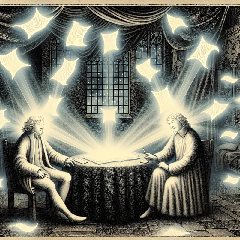 Twee mensen zitten aan een tafel en discussiëren, omringd door zwevende, gloeiende papieren die problemen voorstellen, met ontspannen gezichten in een mysterieuze, sfeervolle kamer.