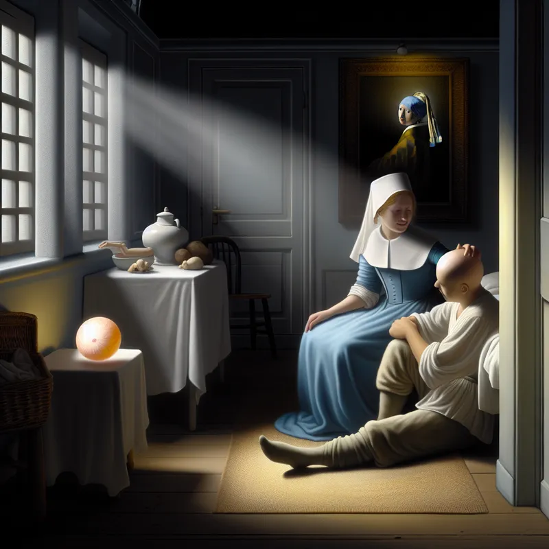 Een serene scene met een geruststellende dokter en een opgeluchte patiënt in een zacht verlichte kamer, omringd door rustgevende kleuren en een model van een goedaardige tumor op tafel.