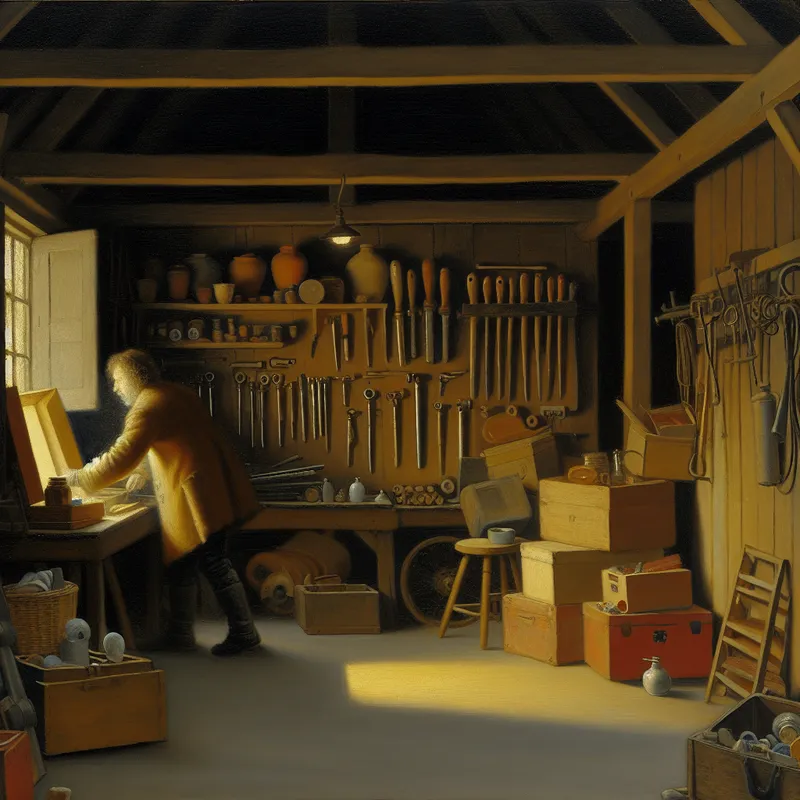 Een persoon rommelt door gereedschap in een zacht verlichte garage met een gevoel van georganiseerde chaos.