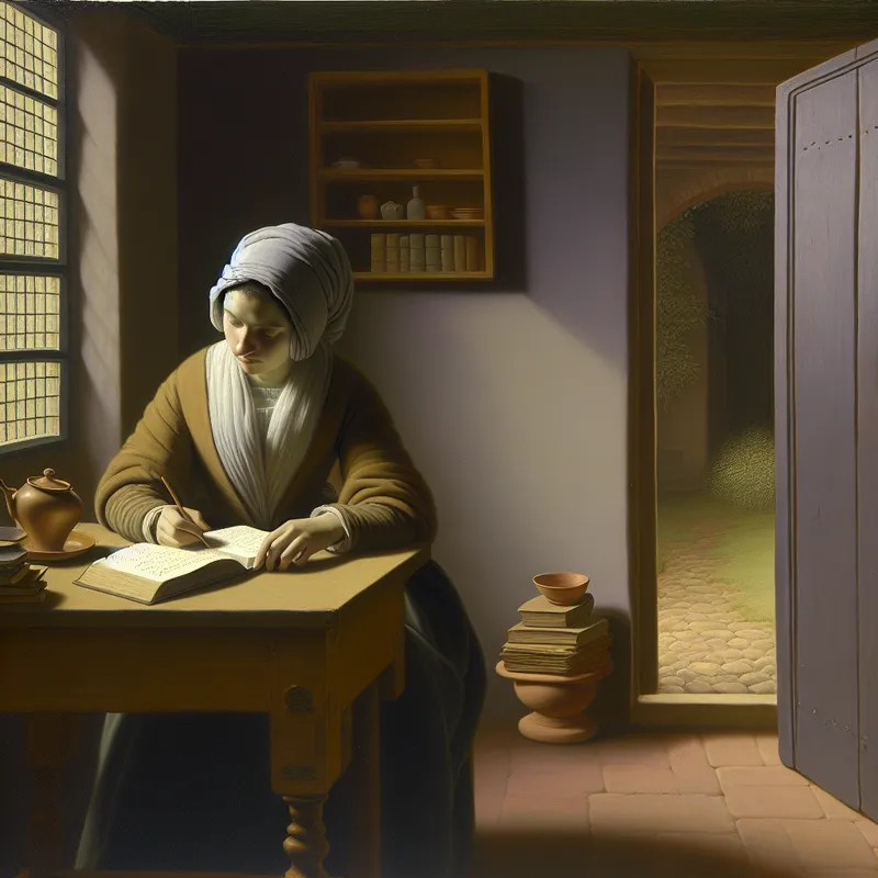 Een rustige interieur scène met een vrouw die aan een houten tafel zit, notities schrijft bij een halve volle theekop en boeken, met zacht licht van buitenaf.