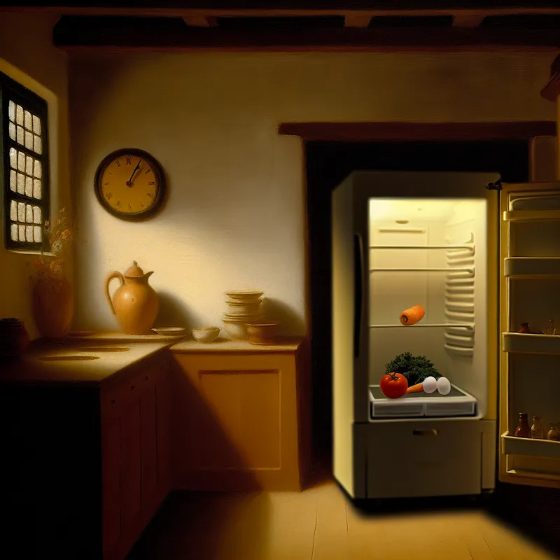 Een rustige keuken met een open koelkast die bijna leeg is, met een enkele wortel, een tomaat en een paar eieren op het aanrecht.