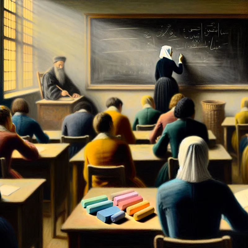 Leraren en leerlingen in een rustige klas met een krijtbord en kleurrijke krijtjes, in een serene leeromgeving.