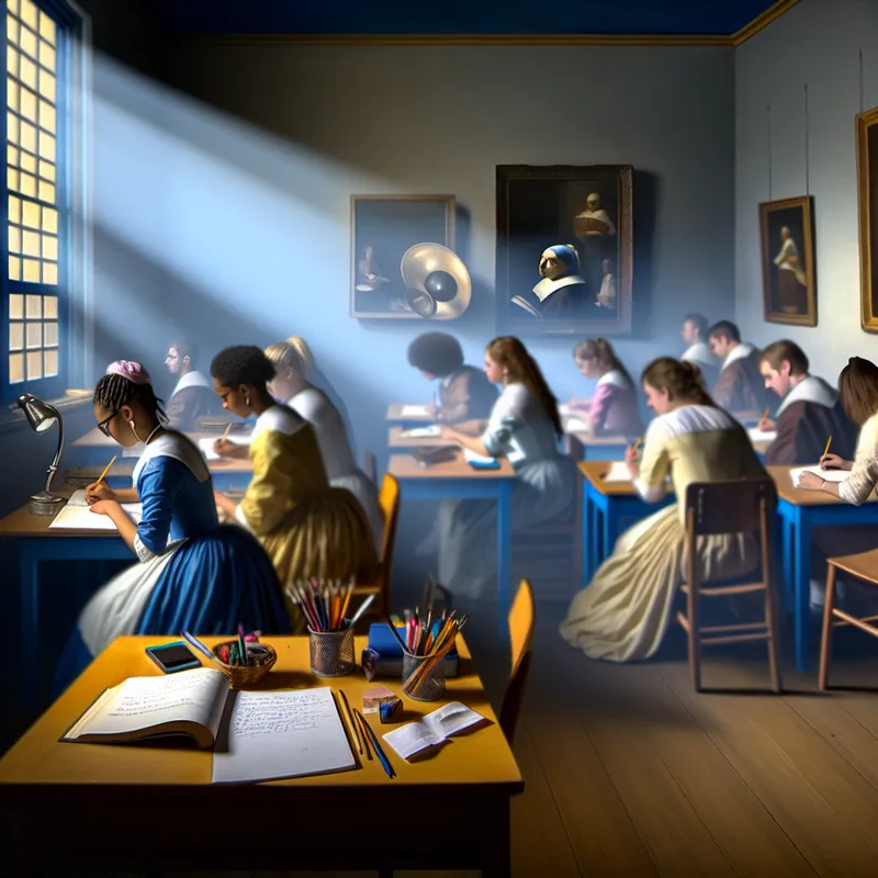 Een serene klaslokaal met studenten die geconcentreerd in hun boeken studeren, omringd door notities en schrijfgerei.