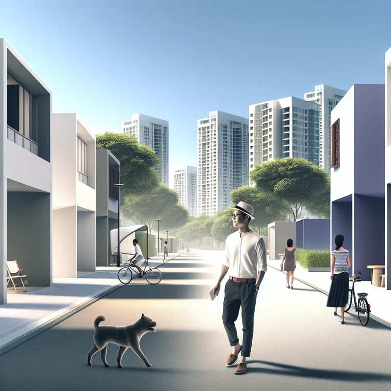 Een man in smart casual kleding wandelt rustig door een georganiseerde stadsstraat, omgeven door moderne gebouwen en mensen die dagelijkse activiteiten doen.