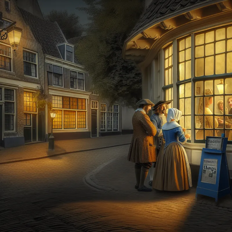 Een rustige straat in een Europese stad met een café en drie mensen die fluisteren