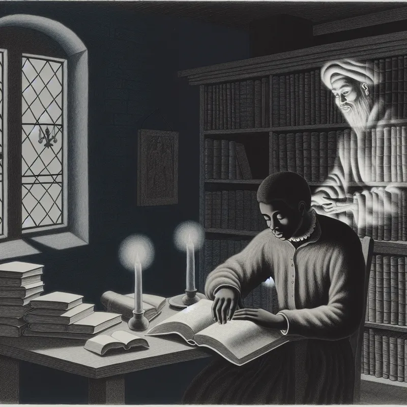 Studerende student bij een bureau omringd door open boeken, met zichtbare stress voor een examen, terwijl een geruststellende leraar in de achtergrond verschijnt.