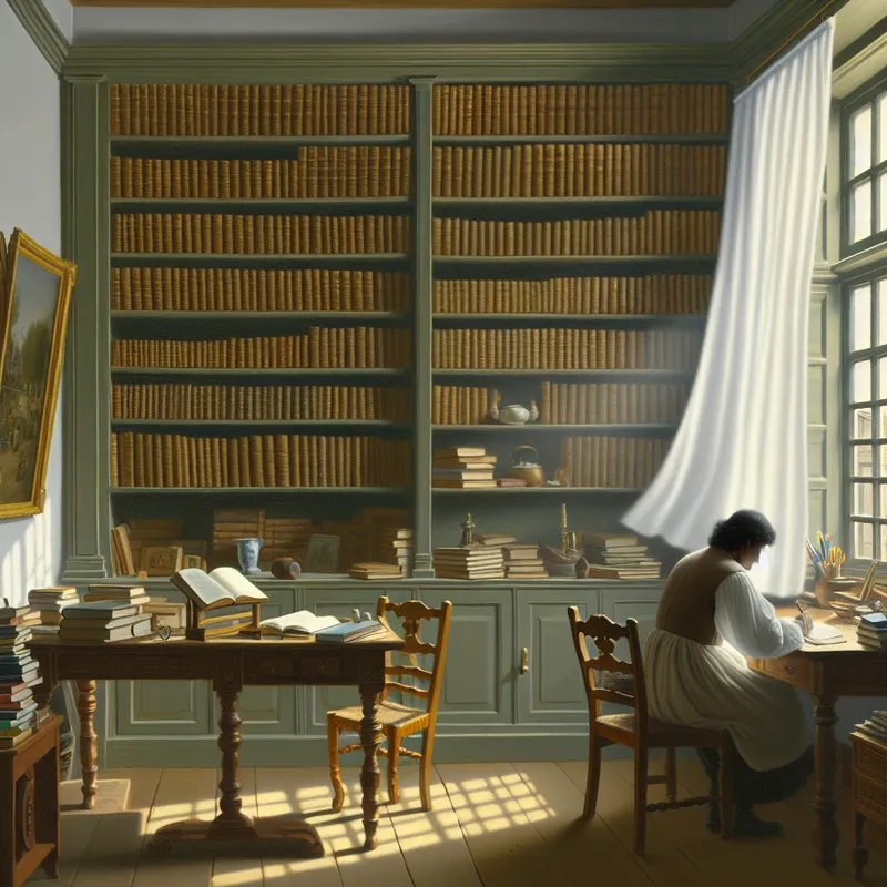 Een serene studieomgeving met een persoon die aandachtig schrijft aan een houten bureau, omringd door boeken en een zachte sfeer.