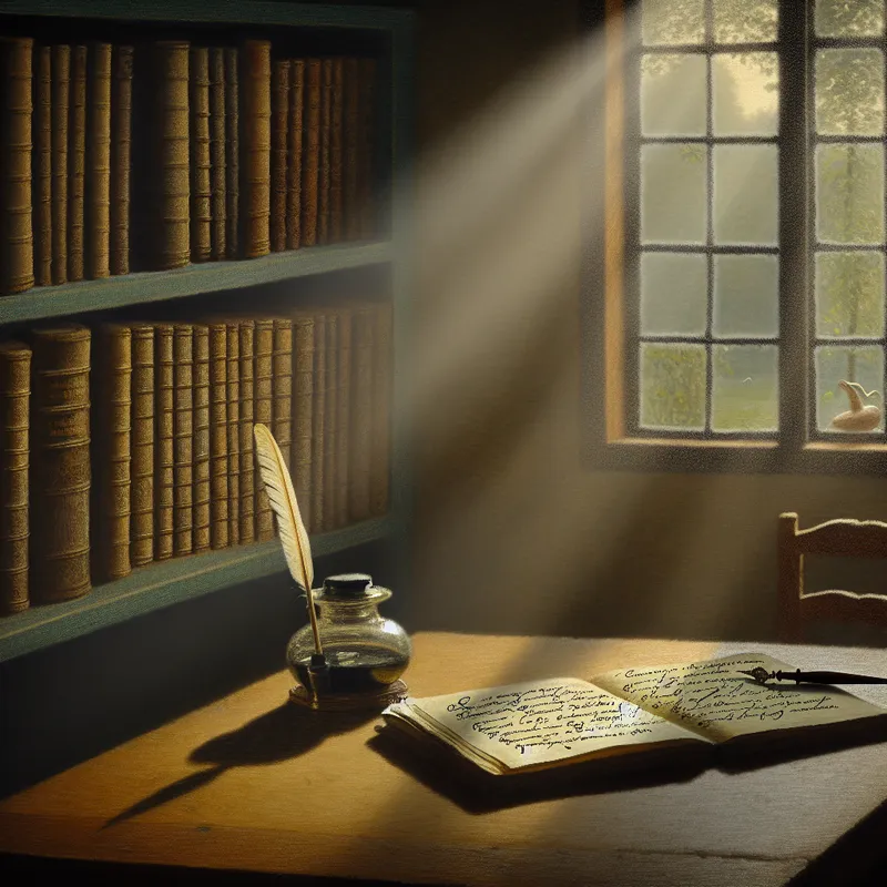 Rustige studiekamer met diffuus licht, houten bureau en open notitieboek met handgeschreven Nederlandse poëzie.