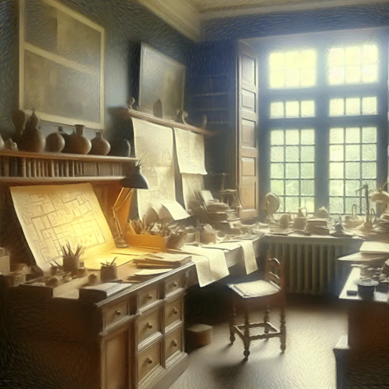 Een serene studiekamer met een gedetailleerd bureau vol documenten en kaarten, verlicht door zacht diffuus licht.