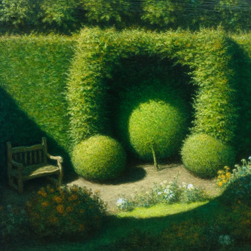 Luxe groene heg omringt een rustige tuin met een comfortabele bank en bloeiende planten.