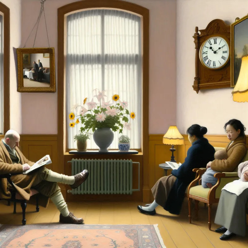 Serene wachtkamer met mensen die wachten, waaronder iemand die leest en een volwassene met een kind.