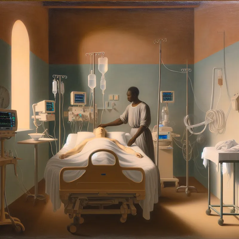 Een verpleegkundige controleert de vitale functies van een patiënt in een rustige ziekenhuiskamer in de intensive care.