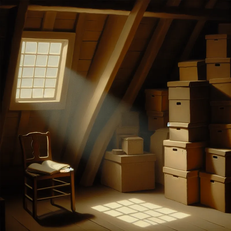 Een serene zolder met zacht licht dat door een klein raam valt, oude doosjes en een vintage stoel. 