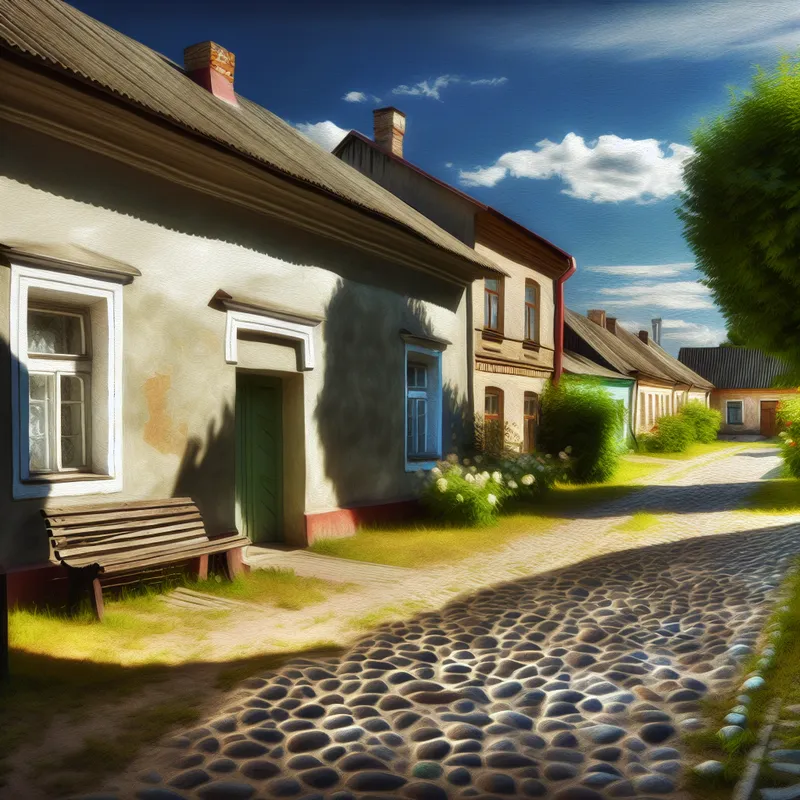 Een serene aanbiedingsscène van een leeg cobblesteen straat in een rustig dorp