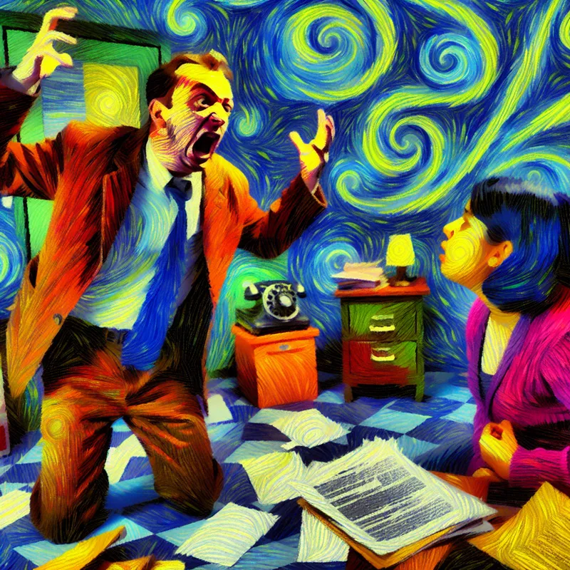 Dramatische scène van een ruzie die uit de hand loopt, geschilderd in de stijl van Vincent van Gogh met expressieve, kolkende penseelstreken en felle kleuren