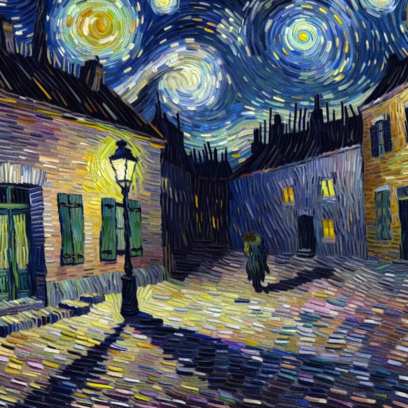 Droevig nachtelijk dorpsplein in Van Gogh-stijl met eenzame figuur en verlaten gebouwen, symboliserend saaiheid en leegte