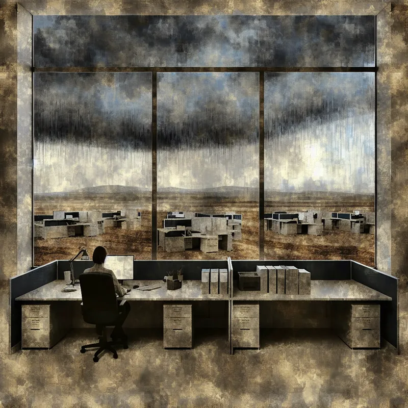Grijze kantoorruimte met eenzame persoon achter computer, regen buiten, sombere sfeer in de stijl van Jacob van Ruisdael