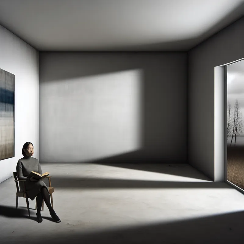 Een persoon met een neutrale uitdrukking zit op een eenvoudige, monochrome stoel in een lege kamer, terwijl ze een boek vasthoudt. Achter hen hangt een groot abstract schilderij en buiten het raam is een somber landschap met grijze wolken en kale bomen te zien.