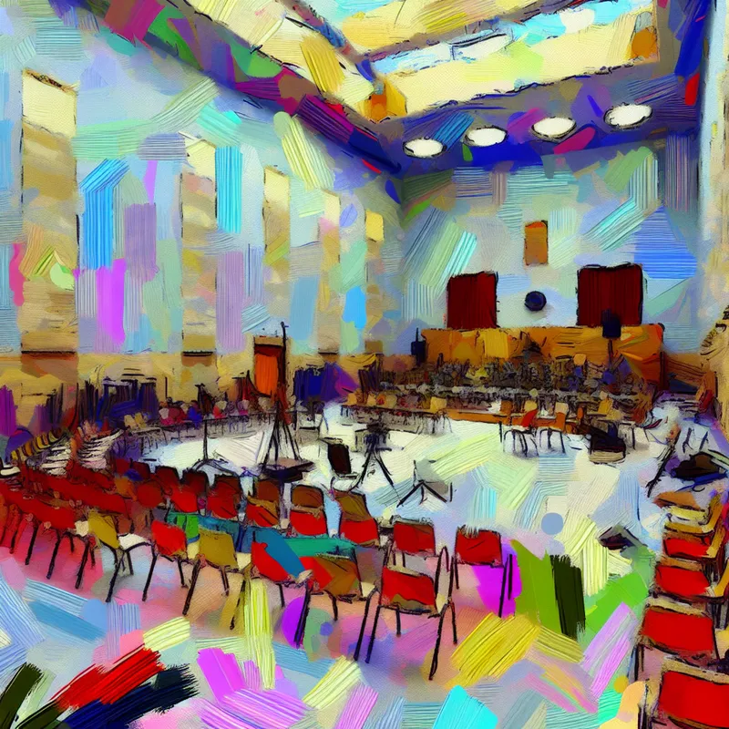 Illustratie van een somber auditorium met een eentonig interieur en lege stoelen, met felle kleurvlekken die de saaiheid doorbreken.