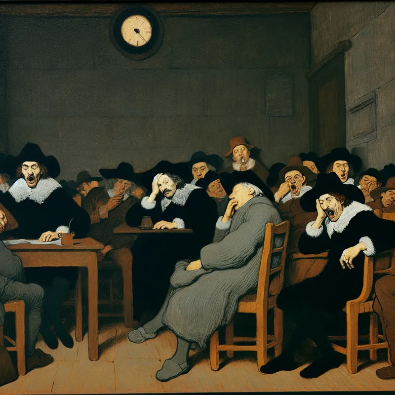 Gedetailleerde schilderij in de stijl van Frans Hals van een vermoeiende, saaie vergadering met uitgeputte deelnemers in een benauwde vergaderruimte