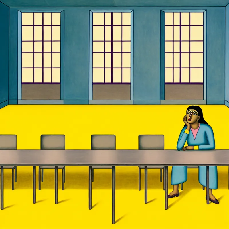 Minimalistische illustratie van een verveelde persoon aan een lege vergadertafel met een kop koffie, in saaie omgeving