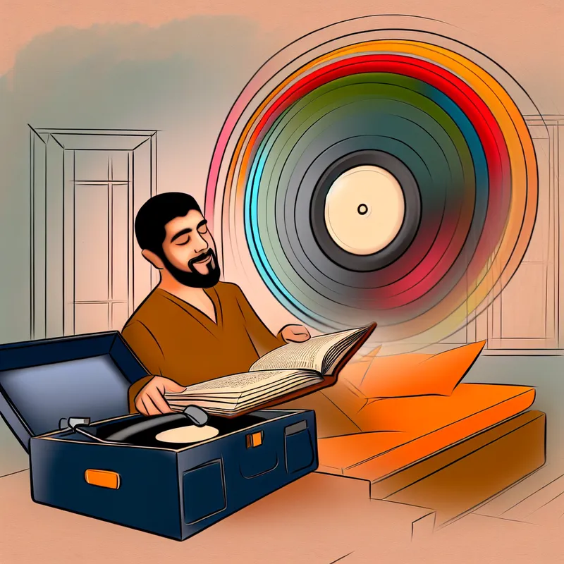 Een persoon leest een open boek en luistert naar muziek met kleurrijke vinylplaten in een stijlvolle retro-futuristische kamer.