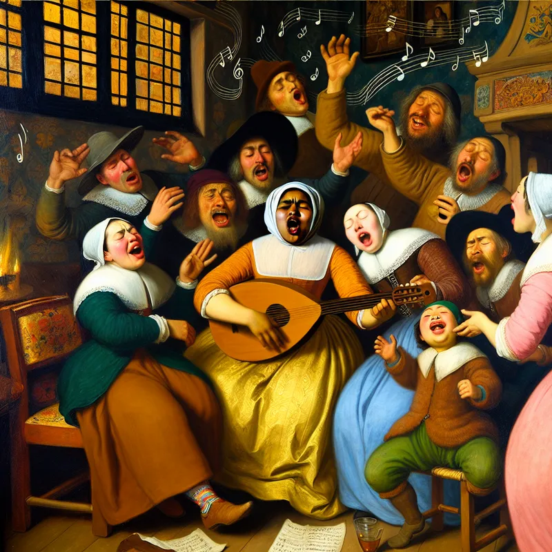 Groep mensen in een sfeervolle kamer die samen zingen, met een enthousiaste vrouw in het midden die met vreugde zingt.