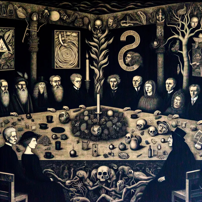 Illustratie van diverse individuen rond een gedimde tafel met milieu-symbolen