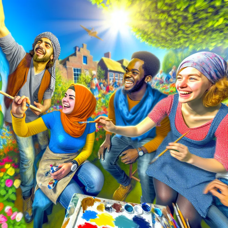 Een diverse groep mensen die samen in een park een groot muurschilderij aan het schilderen is, met blije gezichten en een zonnige sfeer.