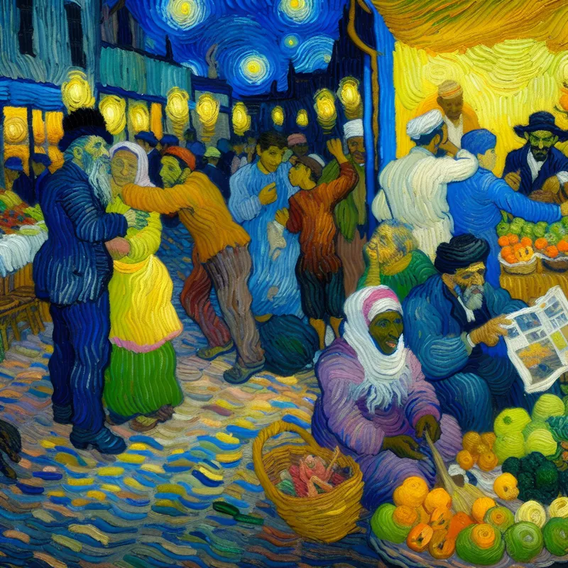 Drukke stedelijke markt met diverse mensen die harmonieus samenleven, geïnspireerd op Van Goghs schilderstijl met levendige kleuren en dynamische penseelstreken