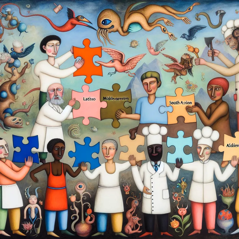 Een diverse groep mensen met bizarre en fantastische eigenschappen stelt samen een groot puzzelstuk samen in een surrealistische omgeving.