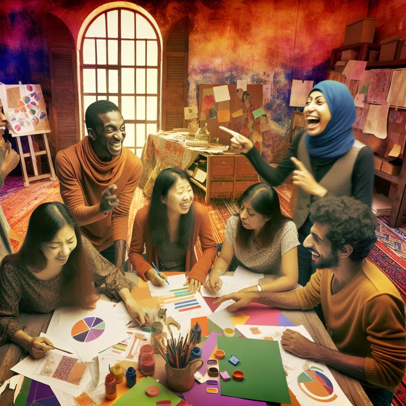 Een diverse groep mensen werkt samen aan een project aan een grote tafel vol met documenten en kleurrijke materialen.