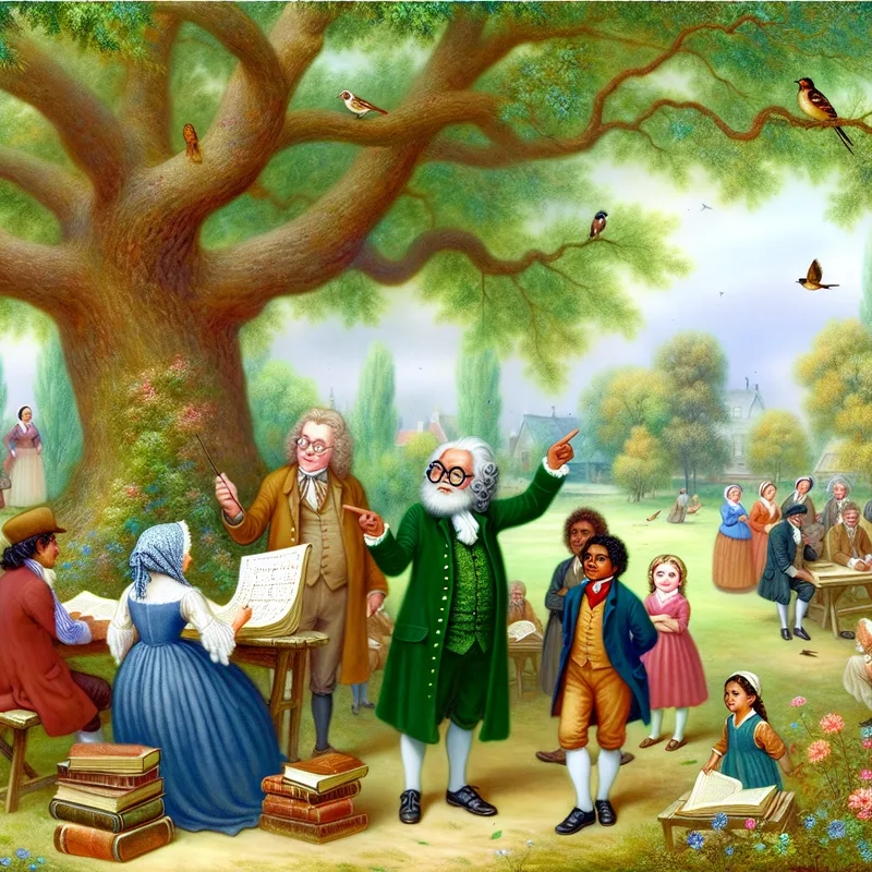 Een diverse groep mensen verzameld rond een grote, oude eik in een park, engaged in een discussie met papieren en scrollen op picknicktafels.